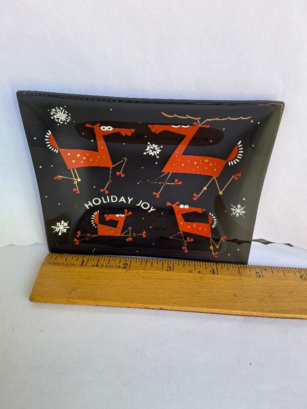 Vintage 1960s "Holiday Joy" Reindeer Christmas Glass Tray/Candy Dish!